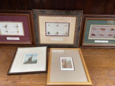 Three framed montages of fishermen's flies together with two etchings