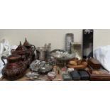 Assorted electroplated items including an ice bucket, flatwares, centre dish, treen bowls,