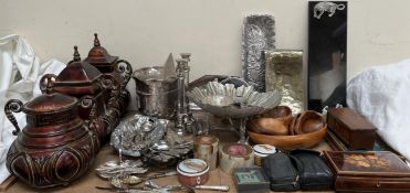 Assorted electroplated items including an ice bucket, flatwares, centre dish, treen bowls,