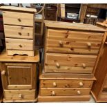 A modern pine chest of drawers together with a small pine chest of drawers a pine side cabinet and