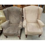 Two modern upholstered wing back elbow chairs,