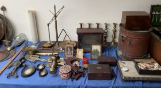 Assorted brass candlesticks together with a brass scales, a White Star Liverpool lamp,