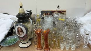 A 19th century garniture of three glass vases together with carnival glass vases, cruet set,