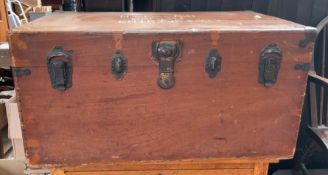 A camphor wood coffer with brass fittings stencilled "H.W.MAXTED BRITISH ENTRY No.