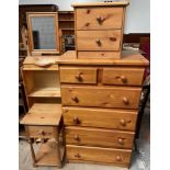 A tall modern pine chest of drawers together with a pine bedside chest, pine bedside cabinet,