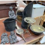 A copper bed warming pan together with three coal scuttles, brass trivet, brass bellows,