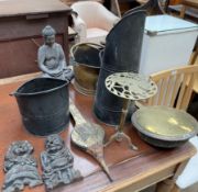 A copper bed warming pan together with three coal scuttles, brass trivet, brass bellows,
