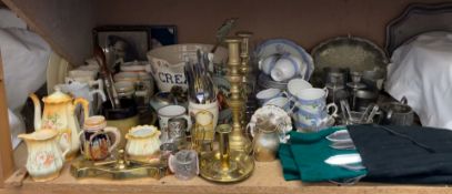 A pottery cream pail together with pottery jugs, pottery mugs,