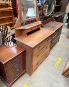 A satin walnut dressing table together with an oak dressing table and a reproduction yew hifi