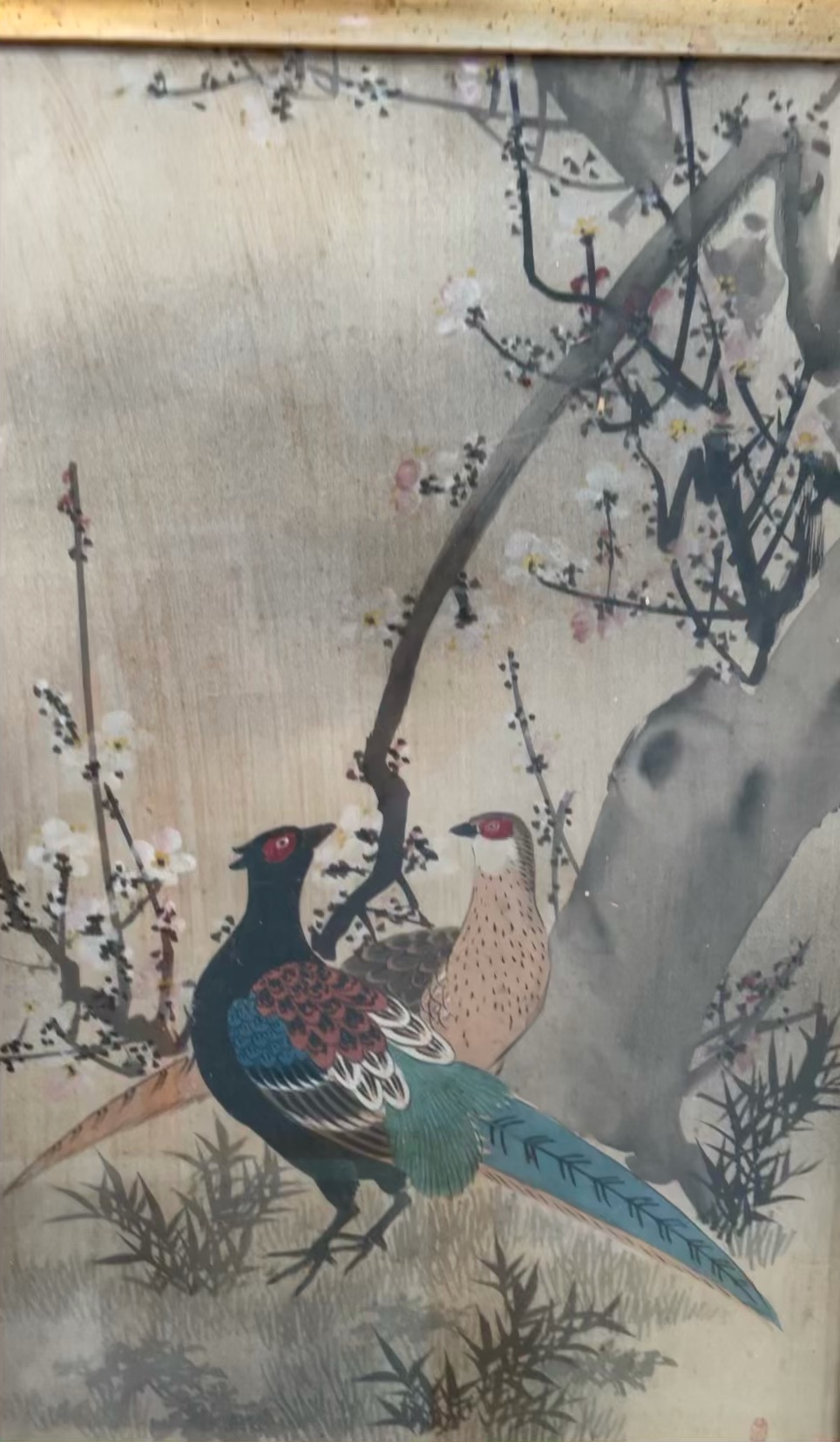 A set of three Japanese watercolours on silk depicting birds together with a print - Image 4 of 4