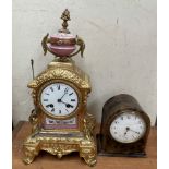 A 19th century French gilt metal and pink porcelain mantle clock together with a tortoiseshell