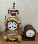 A 19th century French gilt metal and pink porcelain mantle clock together with a tortoiseshell