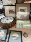 An oak cased aneroid barometer together with an etching by Edward J Cherry of the Old Curiosity