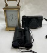 A Mappin and Webb brass cased carriage clock together with a Canon G5X camera and folding