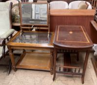 An Edwardian occasional table with a central fan inlay together with a toilet mirror and a modern