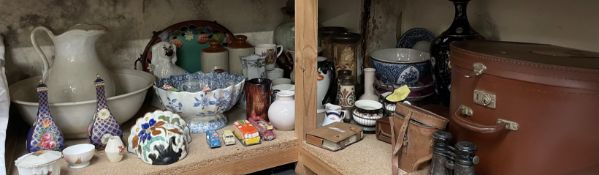 Assorted ceramics and glass including vases, foot warners, Poole pottery, Ewenny pottery, hat box,