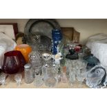 A pair of Mary Gregory style glass vases together with smoked glass part dressing table set,