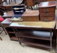 A reproduction mahogany two tier tea trolley together with a table top chest of drawers,
