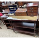 A reproduction mahogany two tier tea trolley together with a table top chest of drawers,