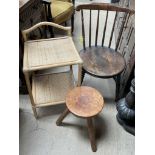 A spindle back kitchen chair together with a leather topped stool and a bamboo effect side table