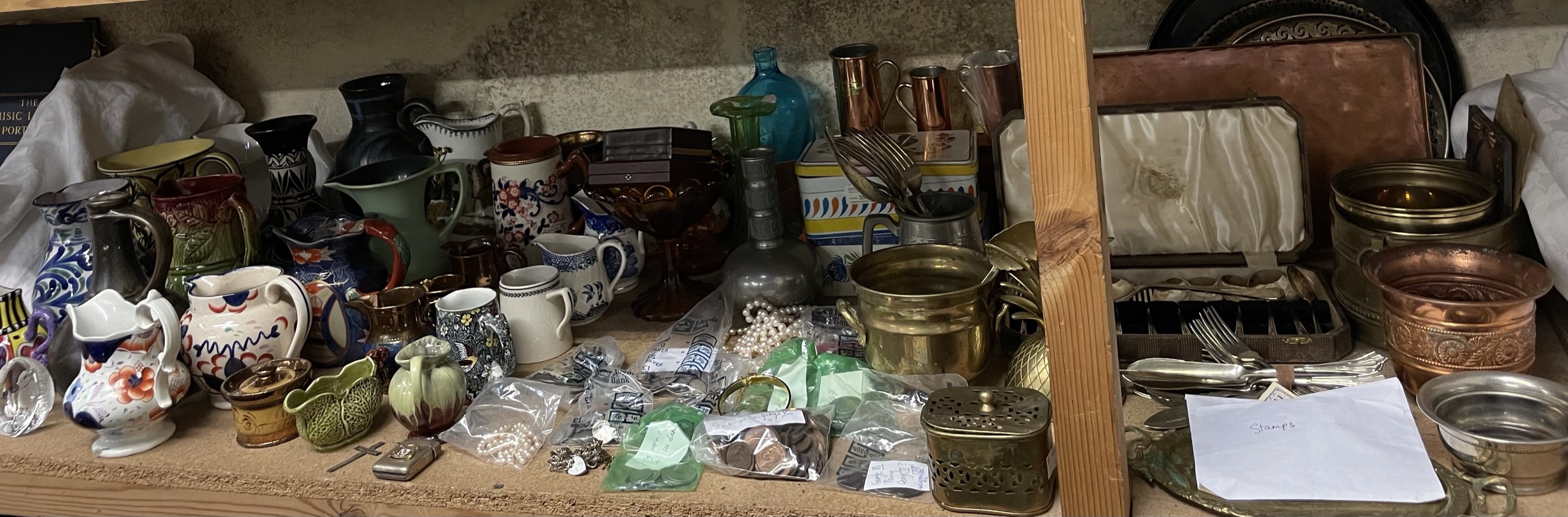 A Masons hot water pot, together with assorted jugs, vases, copper, brass, stamps, coins,