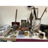 Copper saucepans, together with a bellows, brass inkwell, toasting forks, pottery mugs,