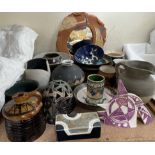 A Kimberley Johnson studio pottery bix and cover together with a collection of studio pottery vases,