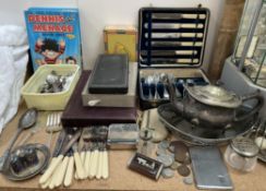 Assorted electroplated wares including flatwares, toast rack etc together with Beano annuals,