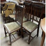 An Edwardian mahogany elbow chair together with a set of three oak dining chairs and an Ercol elbow