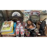 Carved African figure heads together with pottery vases, Jesus Christ plaster head, clocks, books,