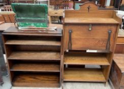 An Art Nouveau inspired bureau bookcase together with an oak bookcase and two shoe horns