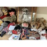 Assorted Pelham puppets together with Sooty and Sweep hand puppets, ventriloquists dummy, prints,