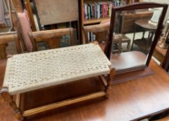 A mahogany framed toilet mirror together with a rush seated stool