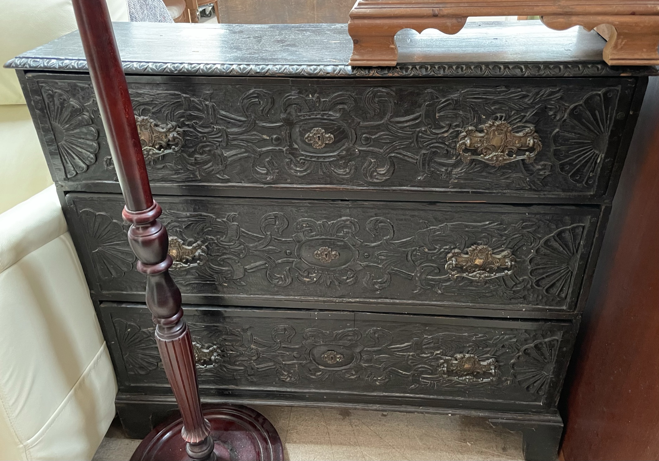 A 17th century and later ebonised carved oak chest with three long drawers together with a pine - Bild 2 aus 2