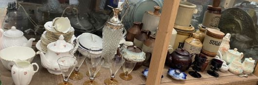 An extensive lot including Stoneware foot warmer, storage jars, part tea sets,
