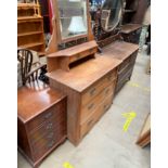 A satin walnut dressing table together with an oak dressing table and a reproduction yew hifi