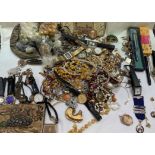 Assorted costume jewellery including bead necklaces, cufflinks, wristwatches, Japanese purse,