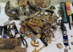 Assorted costume jewellery including bead necklaces, cufflinks, wristwatches, Japanese purse,