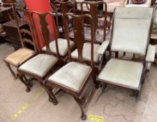 A campaign style folding elbow chair together with a set of four Queen Anne style dining chairs and