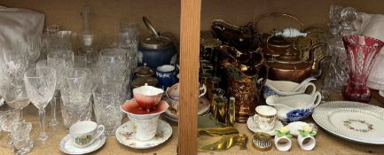 Assorted drinking glasses together with copper lustre jugs, Wedgwood jasper wares,