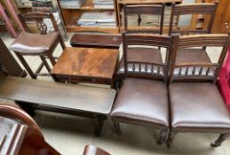 A set of four Edwardian dining chairs together with an oak bench,