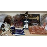 Assorted collectors plates together with a glass part dressing table set, drinking glasses,