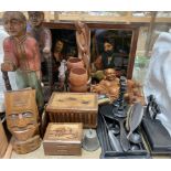 A puzzle box together with a music box, carved figures, ebony part dressing table set,