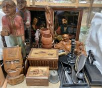 A puzzle box together with a music box, carved figures, ebony part dressing table set,