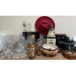Assorted drinking glasses together with a Japanese part tea set, Wedgwood salad bowl and servers,