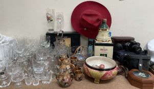 Assorted drinking glasses together with a Japanese part tea set, Wedgwood salad bowl and servers,