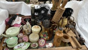 A Ewenny jug, together with butter pats, rolling pin, woodworking plane, copper lustre jugs,