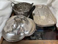 A Christophle white metal basket together with an electroplated serving dish and tray