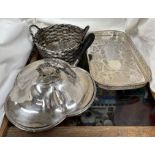 A Christophle white metal basket together with an electroplated serving dish and tray