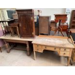 An oak refectory type table together with an oak hanging corner cupboard,